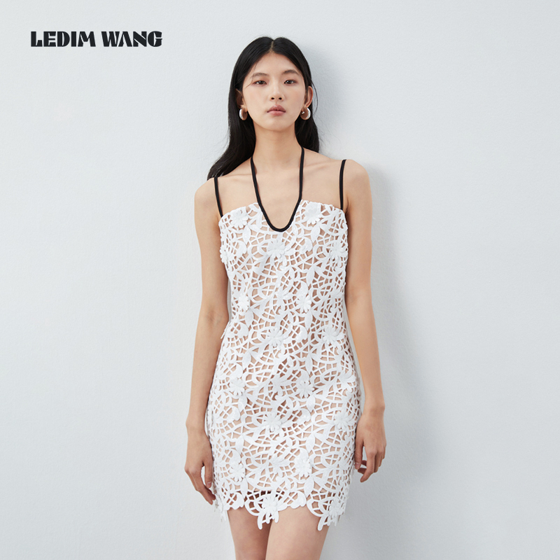 LEDIM WANG蕾丝镂空连衣裙女2024春夏新款小众设计高级感吊带裙