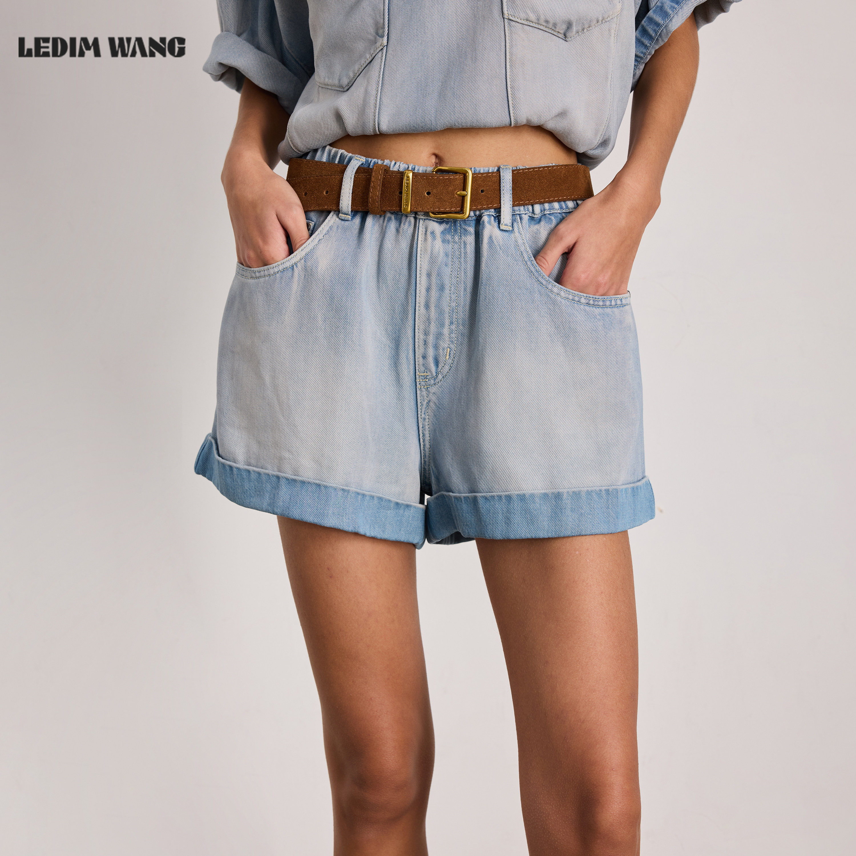 LEDIM WANG天丝凉感软牛仔裤短裤女浅色莱赛尔做旧垂感26夏新款