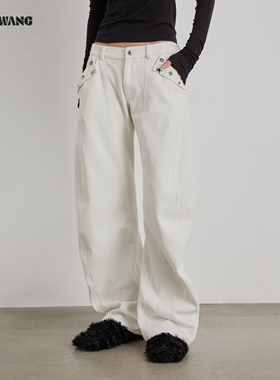 LEDIM WANG立体剪裁休闲裤女25秋冬新款马蹄裤白色高级感宽松长裤