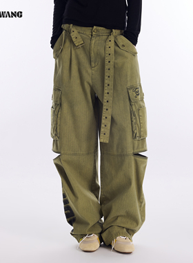 LEDIM WANG复古印花休闲裤女2026春季新款森林绿宽松阔腿工装裤