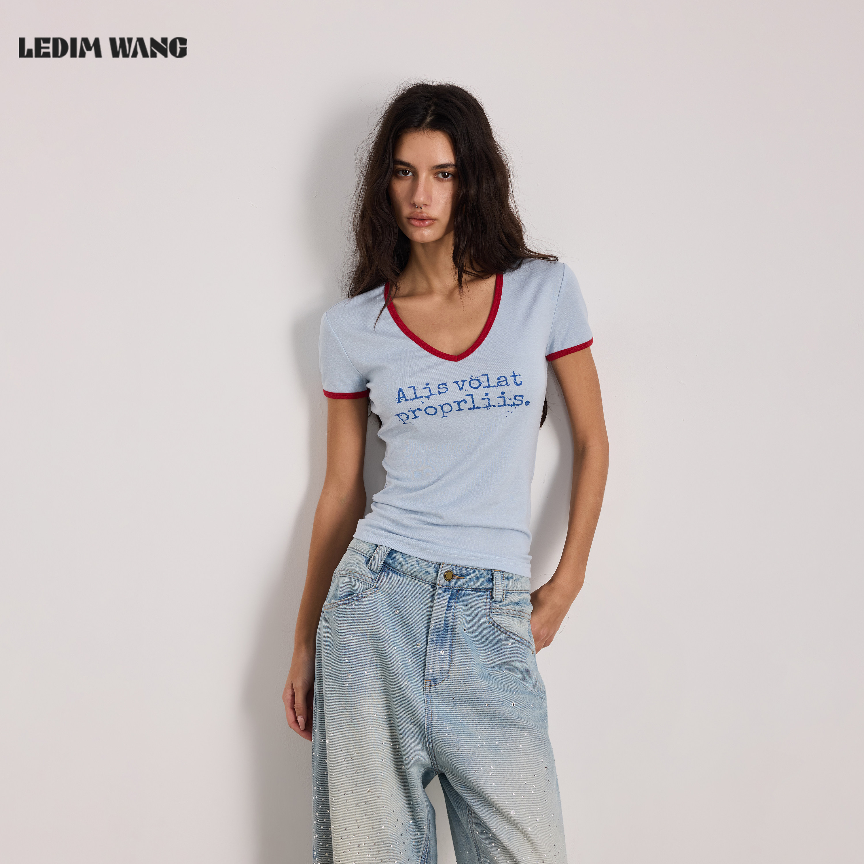 LEDIM WANG印花V领亚麻T恤女短袖浅蓝26夏新款莱赛尔修身薄款上衣