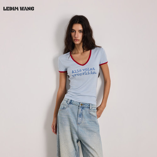 LEDIMWANG亚麻撞色V领T恤女短袖