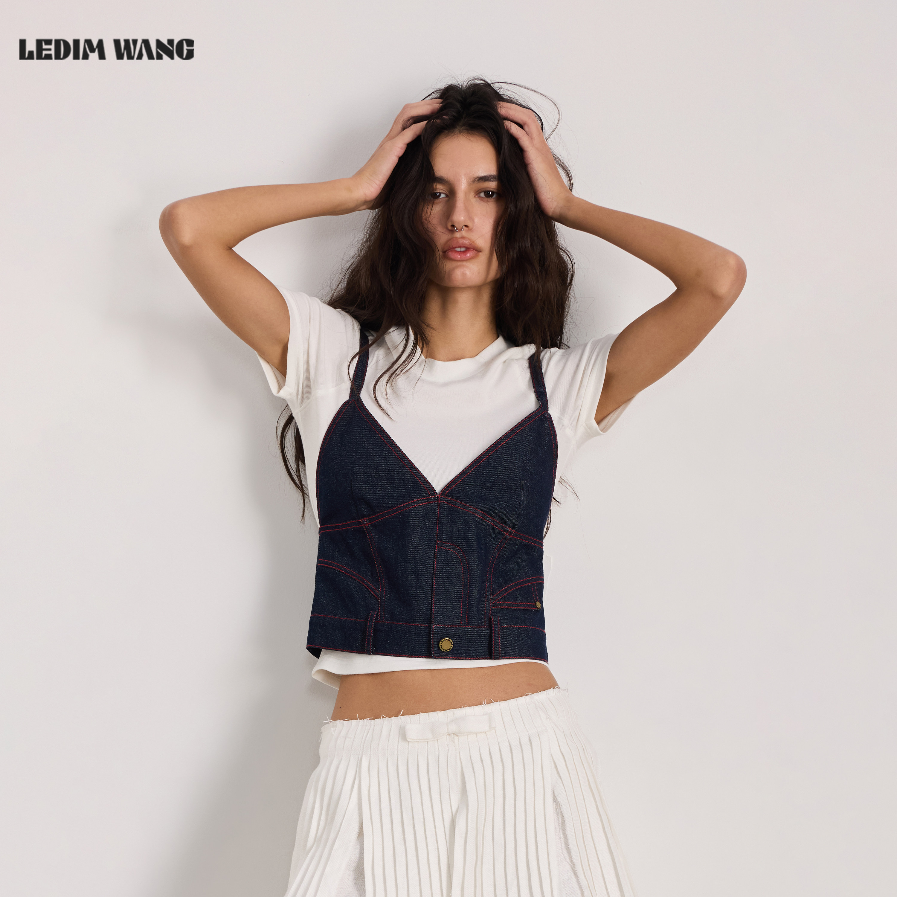 LEDIM WANG复古丹宁原牛吊带背心女牛仔外穿松弛V领修身26夏新款