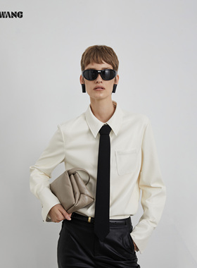 LEDIM WANG黑标/高智风环保皮长袖衬衣女2025秋冬新款奶白色上衣