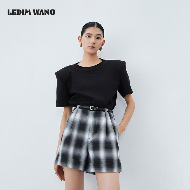 LEDIM WANG皮带镂空格子休闲裤女2024春夏新款设计师原创宽松短裤,女装/女士精品,休闲裤,淘宝优惠券,粉丝福利购,淘宝优惠卷