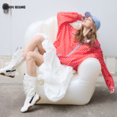 户外红白撞色长袖 LEDIM WANG复古连帽廓形冲锋衣外套女2026春新款