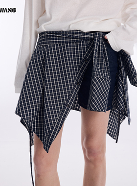 LEDIM WANG格子屁帘女2026春季新款一片式叠穿搭片撞色半身裙配饰