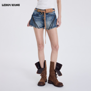 蓝色A摆高腰拉链短裤 女2026春夏新款 WANG做旧洗水牛仔裤 LEDIM