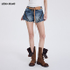 LEDIM 蓝色A摆高腰拉链短裤 WANG做旧洗水牛仔裤 女2026春夏新款