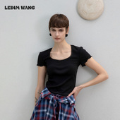 显瘦黑色减龄百搭亲肤舒适短袖 LEDIM WANG低领蕾丝花边T恤女修身
