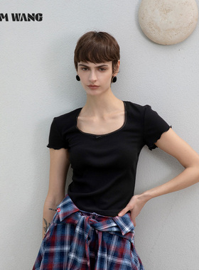 LEDIM WANG低领蕾丝花边T恤女修身显瘦黑色减龄百搭亲肤舒适短袖