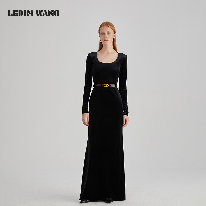 LEDIM WANG法式丝绒连衣裙女2024秋季新款高级感气质黑色宴会长裙