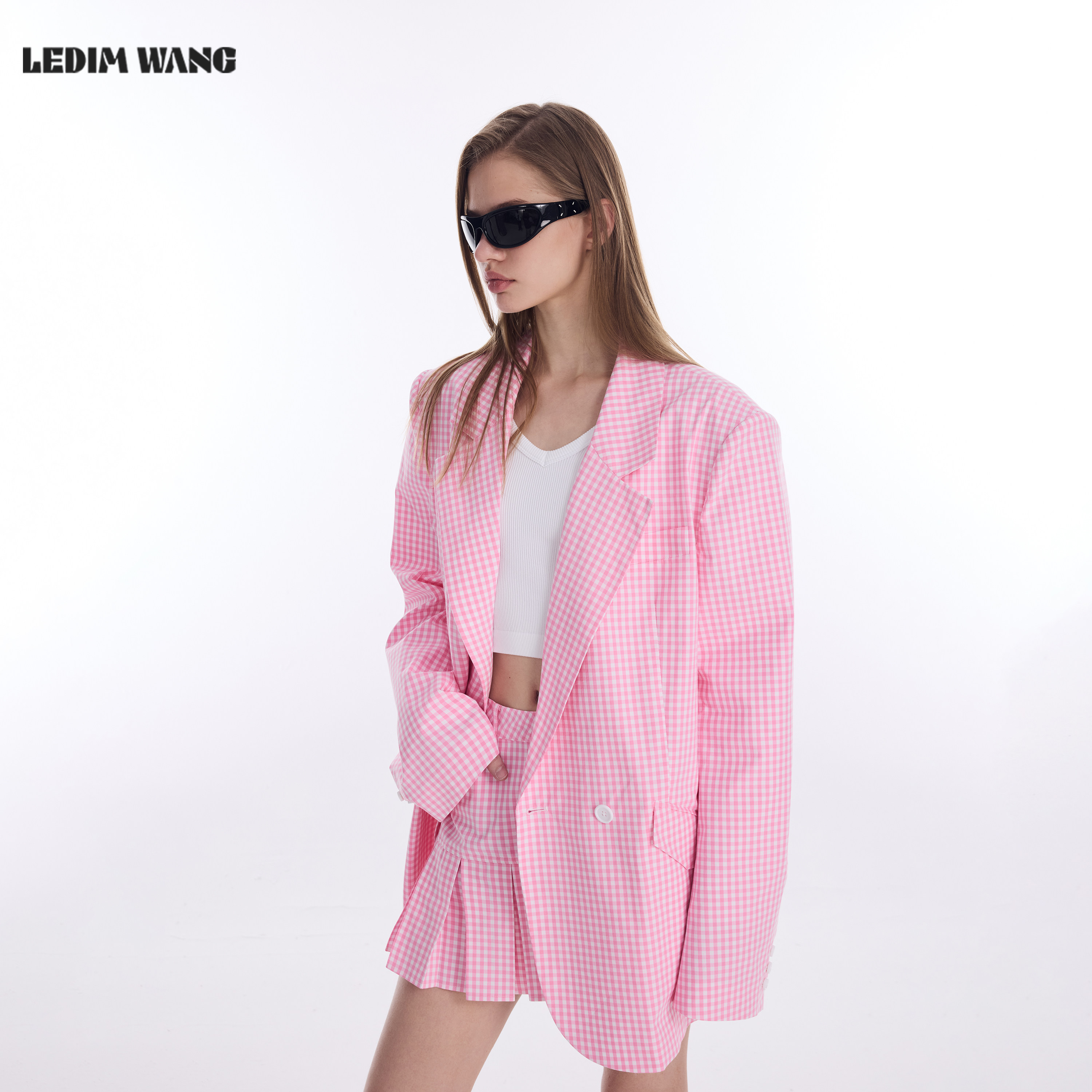 LEDIM WANG学院风格纹阔版西服外套女2026春新款粉色休闲气质高级,女装/女士精品,西装,淘宝优惠券,粉丝福利购,淘宝优惠卷