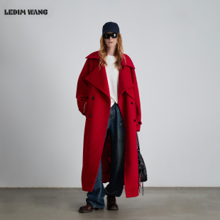 红色宽松长款 LEDIM WANG新年战袍低腰线毛呢大衣外套女25冬新款