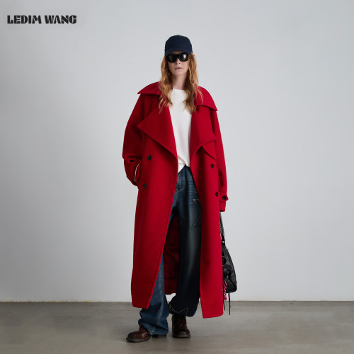 LEDIM WANG新年战袍低腰线毛呢大衣外套女冬新款红色宽松长款