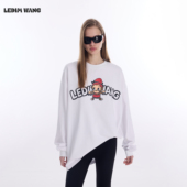 LEDIM 白色宽松廓形百搭上衣 新款 WANG纯棉印花长袖 T恤女2026春季