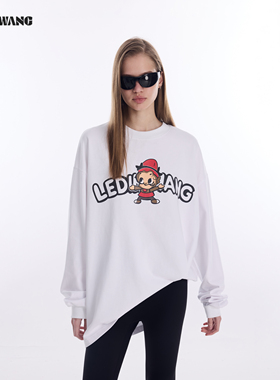 LEDIM WANG纯棉印花长袖T恤女2026春季新款白色宽松廓形百搭上衣