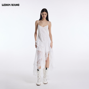 【明星同款】LEDIM WANG拼贴蕾丝吊带连衣裙女26春夏新款白色长裙