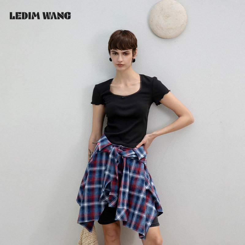 【明星同款】LEDIM WANG淡人复古做旧格纹半身裙女屁帘搭片围裙
