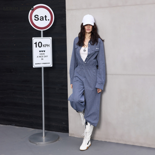 2026早春新款 LEDIM 女百搭通勤休闲阔腿裤 连体裤 WANG蓝色格纹工装