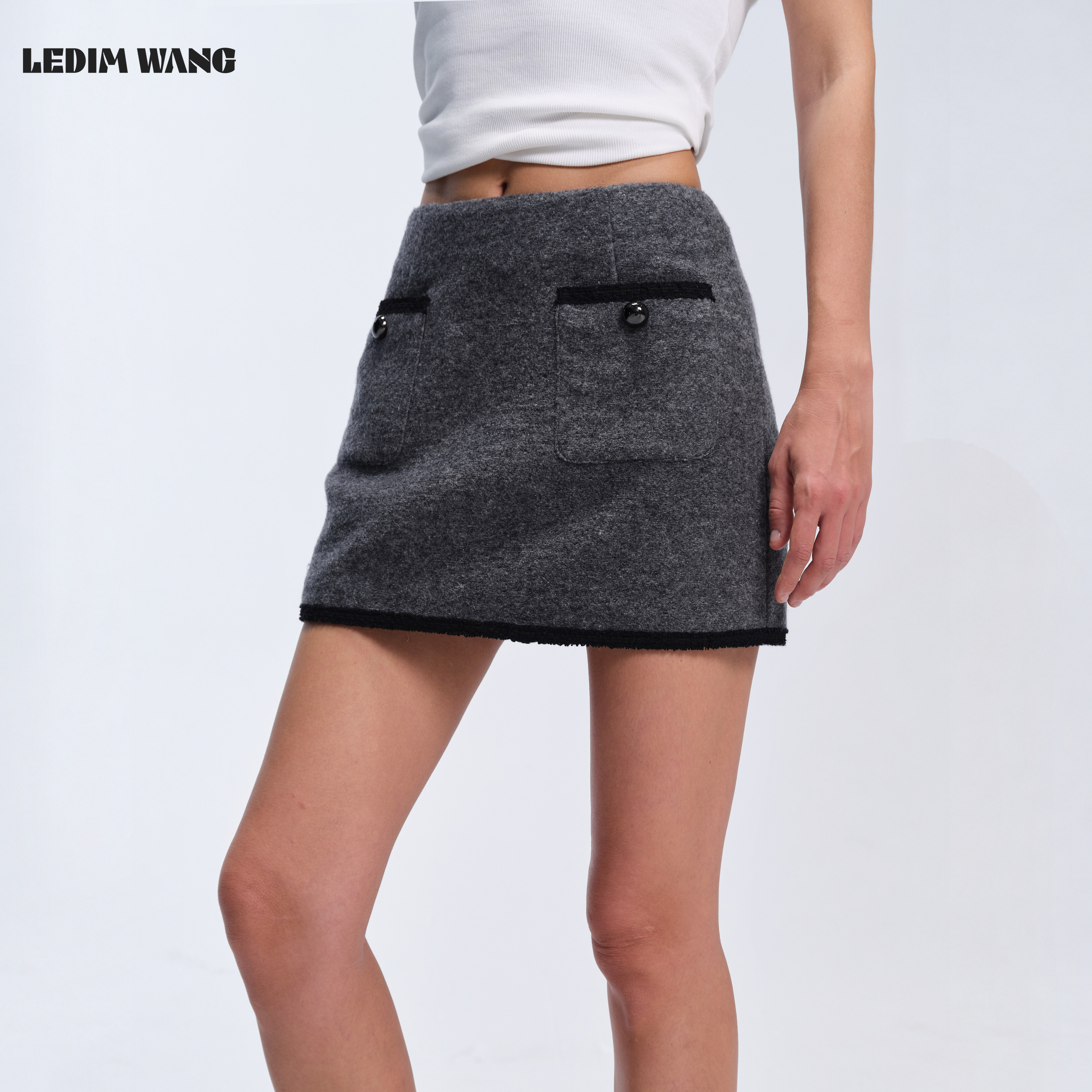LEDIM WANG小香风撞色花边半身裙女气质深灰直筒短裙2026秋冬新款