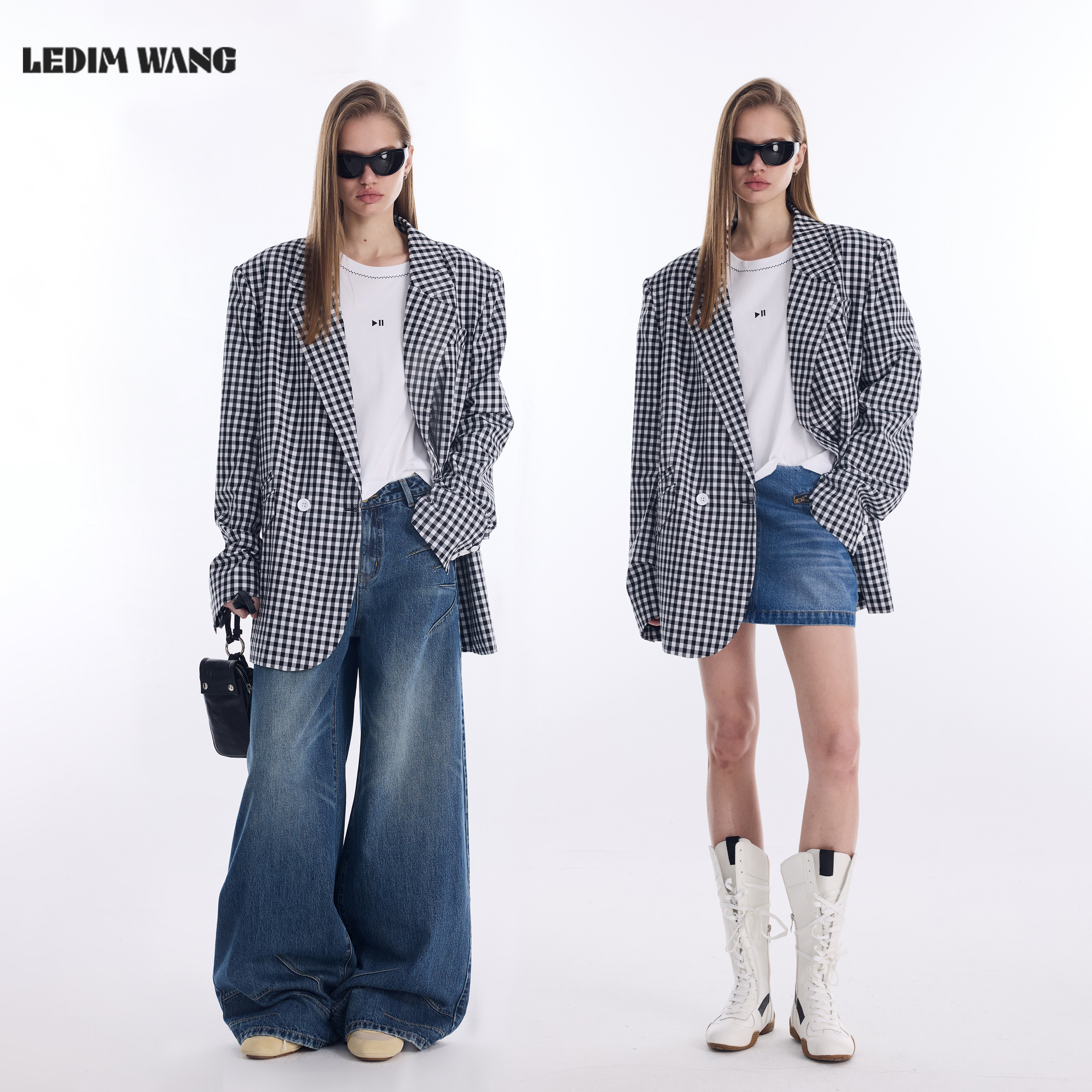 LEDIM WANG学院风休闲西服外套女2026春新款黑白格纹气质高级阔版