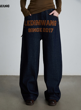 LEDIM WANG复古美式掉裆牛仔裤女25冬新款藏蓝色薄绒宽松阔腿长裤
