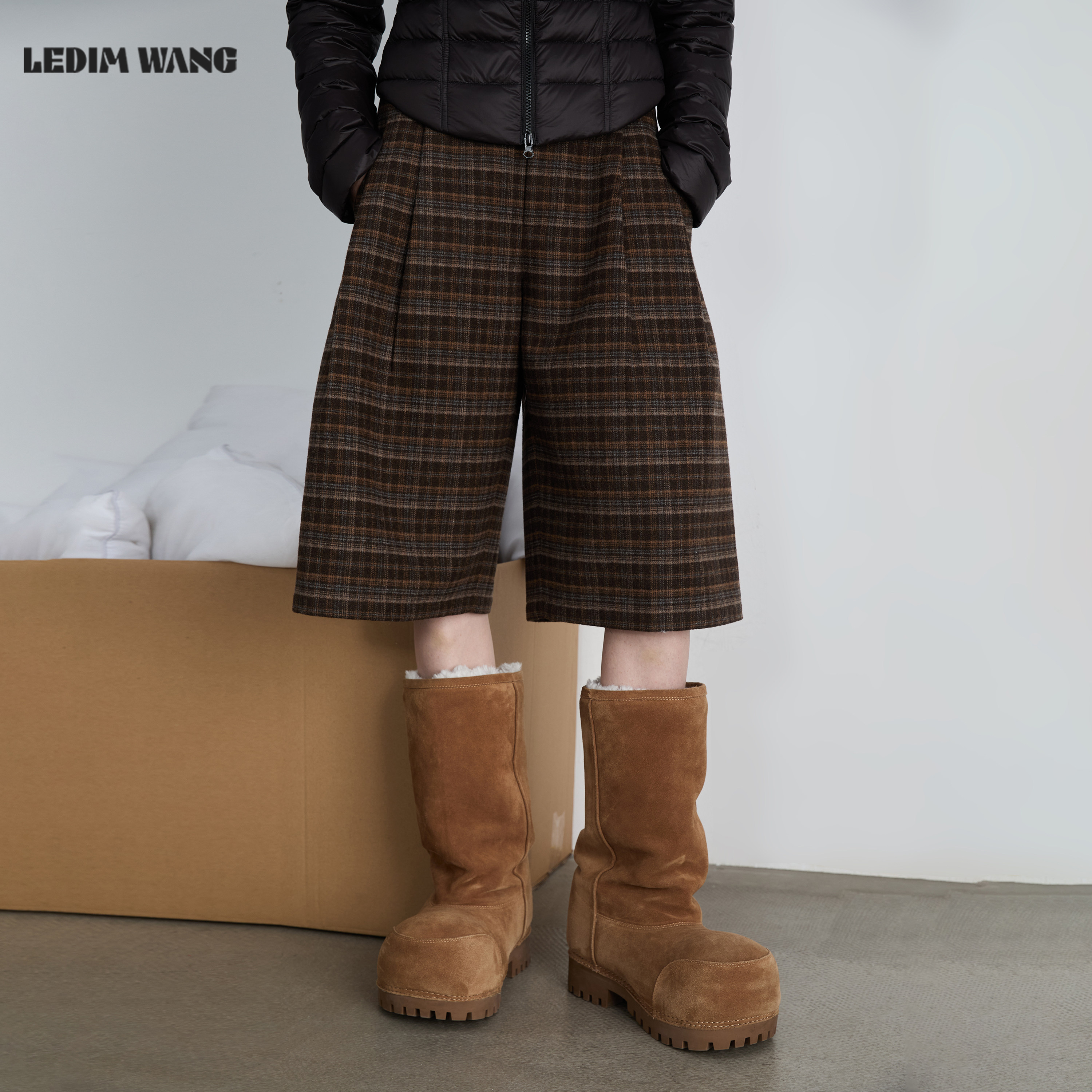 LEDIM WANG复古学院风羊毛格纹中裤女秋冬新款棕色百搭休闲中裤