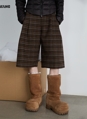 LEDIM WANG复古学院风羊毛格纹中裤女2025秋冬新款棕色百搭休闲裤