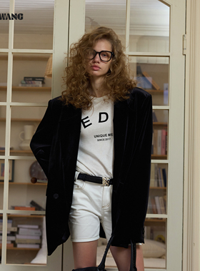 LEDIM WANG复古丝绒西装外套女2026春季新款黑色宽松廓形轻奢西服