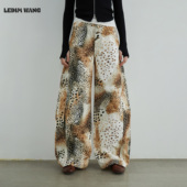 女25秋冬卡其色阔腿裤 WANG豹纹印花洗水牛仔裤 明星同款 LEDIM
