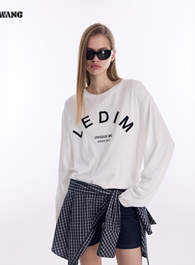 LEDIM WANG雪花棉长袖T恤女2026春新款白色字母印花打底宽松上衣