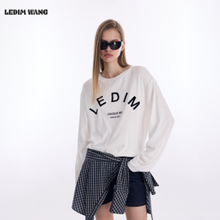 LEDIM WANG雪花棉长袖T恤女2026春新款白色字母印花打底宽松上衣