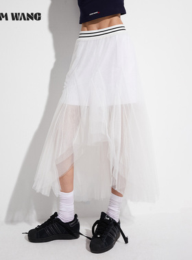 LEDIM WANG美式不规则半身裙女夏高级感撞色条纹百搭纱裙2025新款