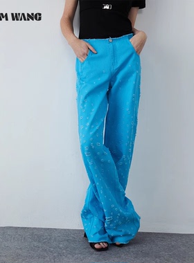 【明星同款】LEDIM WANG蓝色破洞低腰牛仔裤女高级感休闲阔腿长裤