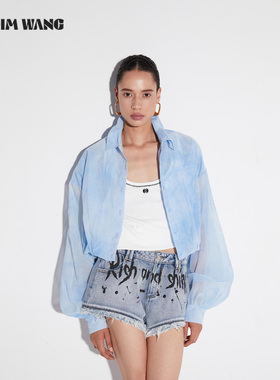 LEDIM WANG白标/花苞长袖宽松短款衬衣女2025秋蓝色薄款透气上衣