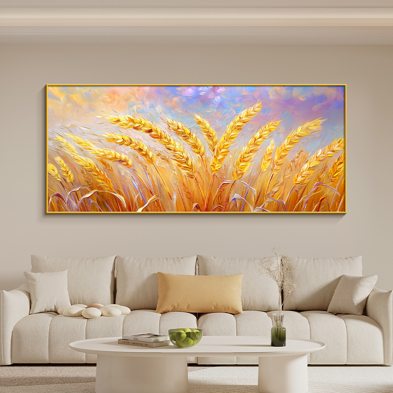 金色麦浪客厅装饰画立体肌理感麦穗艺术油画奶油风沙发背景墙壁画图片