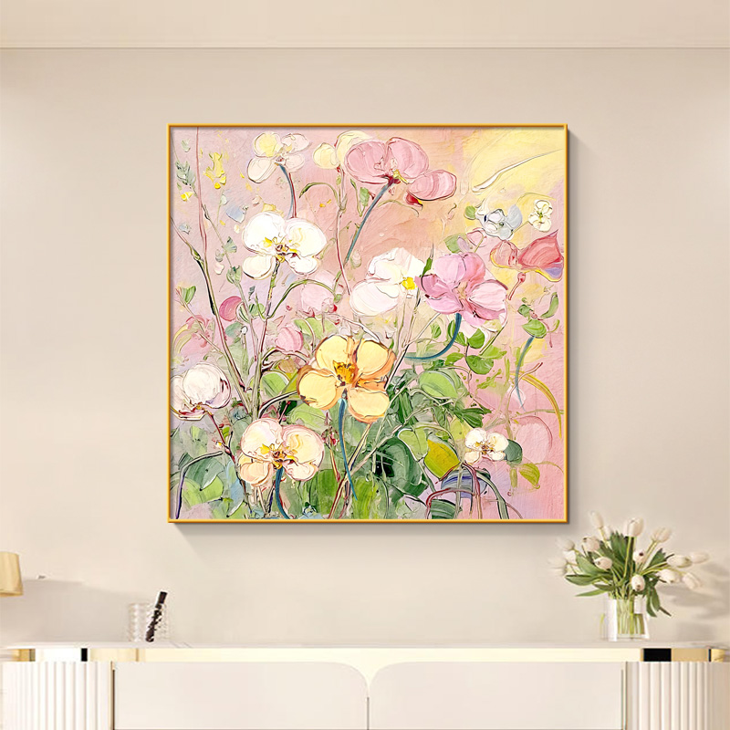 花开富贵客厅装饰画奶油风正方形花卉挂画小众艺术高级感餐厅壁画