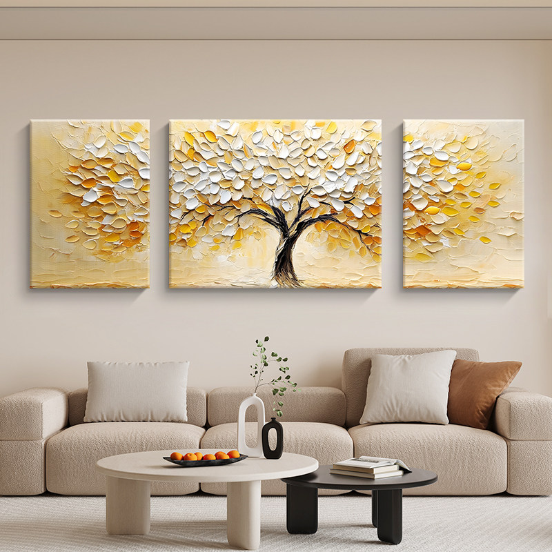 发财树客厅大白墙装饰画奶油风肌理感大芬村油画高级感客厅黄金树