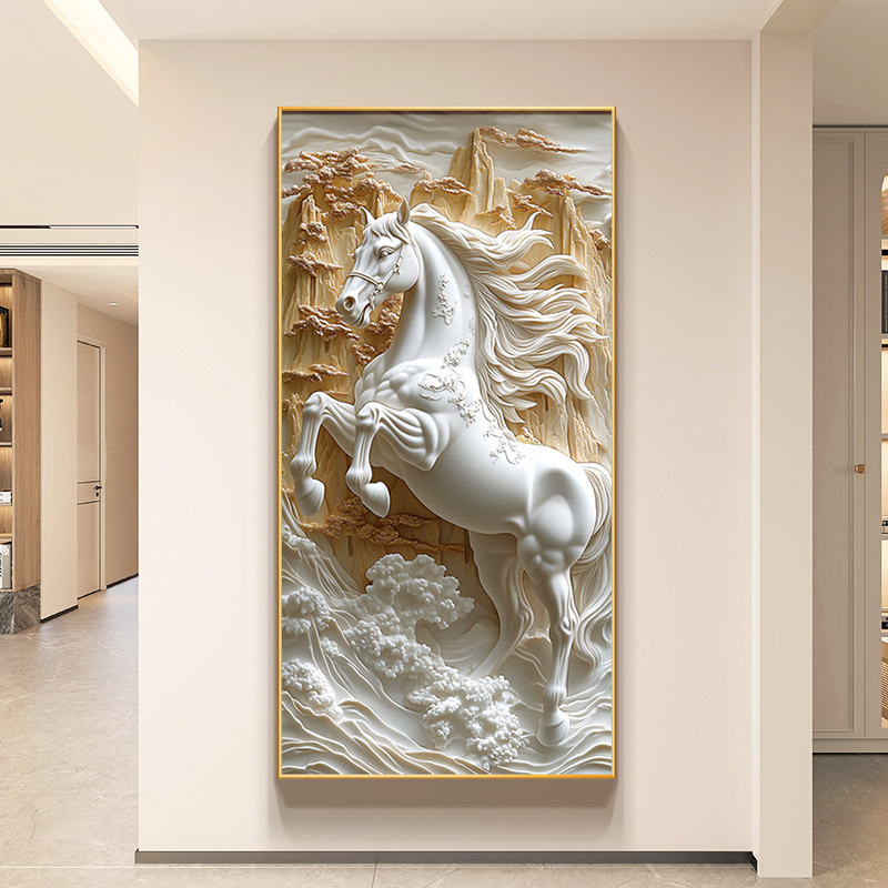 骏马图走廊尽头挂画现代简约马到成功入户玄关装饰画立体浮雕壁画图片
