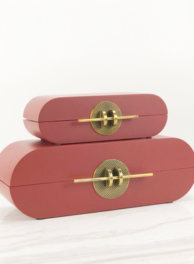 新中式现代简约红色奶白色椭圆形首饰盒收纳盒摆件样板房软装饰品