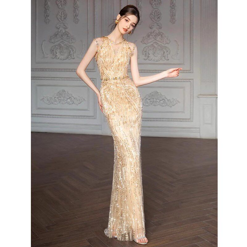 重工晚礼服女2025新款高端宴会气质名媛鱼尾裙金色订婚敬酒服新娘