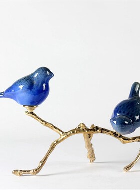 样板房书房装饰品金属陶瓷美式客厅玄关树枝鸟玄关现代新中式摆件