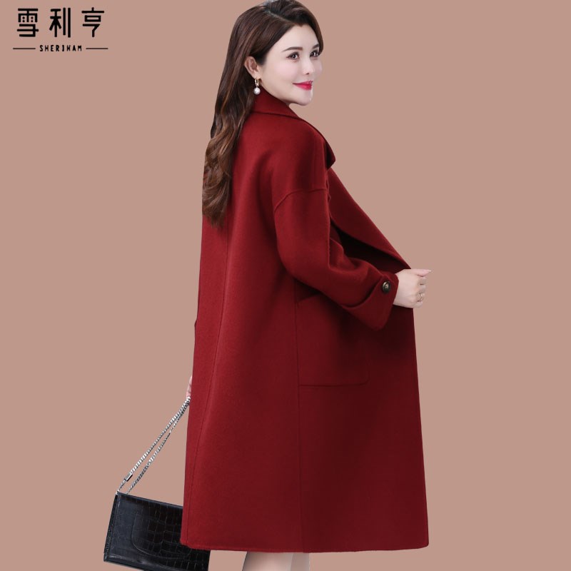 好货秋冬双面绒大衣女中长款休闲风西装领小个子妈妈装羊毛呢外套