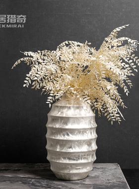 中式样板间书房桌面创意大理石托盘金属烛台陶罐花瓶摆件软装搭配