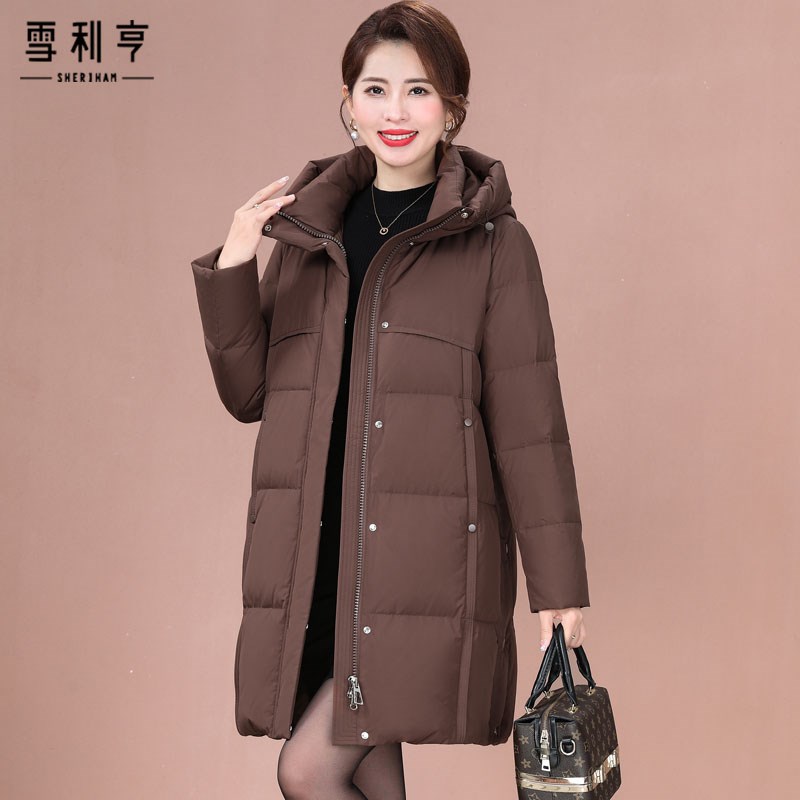 好货妈妈洋气中长款羽绒服中老年女秋冬装外套时尚连帽白鸭绒加厚