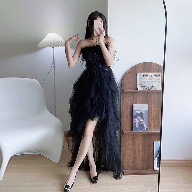 黑色抹胸晚礼服高端轻奢小众2025新款生日名媛party成人礼羽毛裙