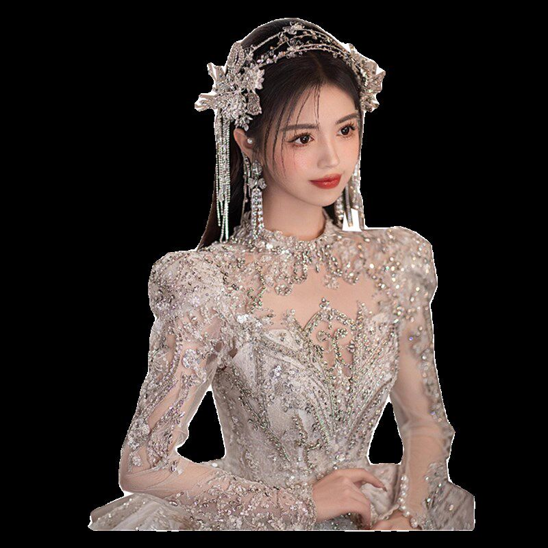 缎面主婚纱2025新款2025订婚礼服裙出门纱轻一字肩晨袍女新娘鱼尾