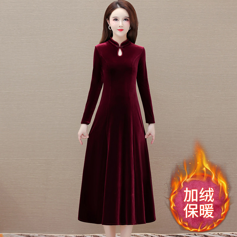 好货高端金丝绒长袖连衣裙女2025新款冬季配大衣妈妈加绒加厚改良