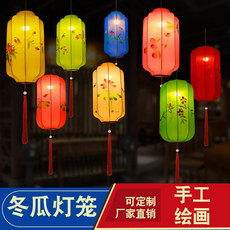 中式布艺手绘灯笼仿古典宫灯餐厅茶楼过道创意冬瓜长形布艺吊灯具